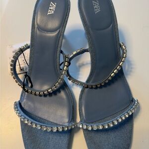 Zara Denim Blue Heels with Silver Accents
